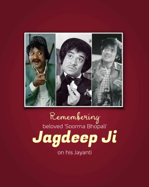 A tribute image featuring three portraits of the late actor Jagdeep, known for his role as Soorma Bhopali.