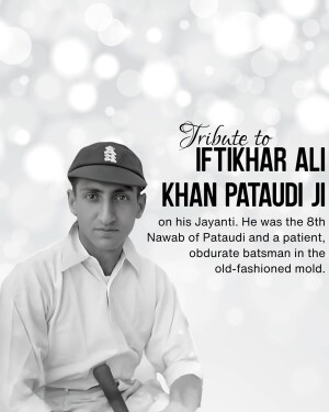 Black and white portrait of Iftikhar Ali Khan Pataudi Ji, a former Indian cricketer.
