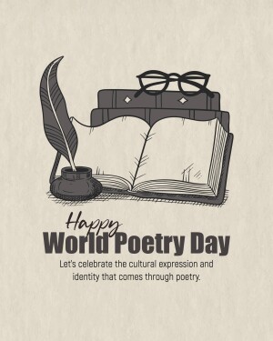 Illustration of a quill, inkwell, books, and glasses with the text 'Happy World Poetry Day'