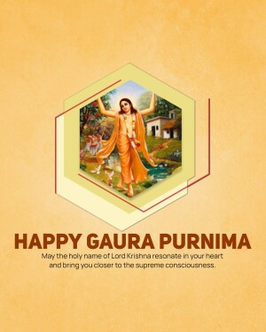 Image depicting Lord Chaitanya with a 'Happy Gaura Purnima' message.