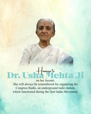 Portrait of Dr. Usha Mehta Ji with text commemorating her Jayanti