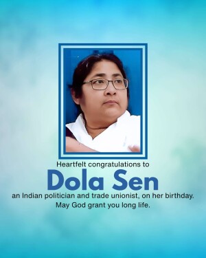 Portrait of Dola Sen with birthday greetings