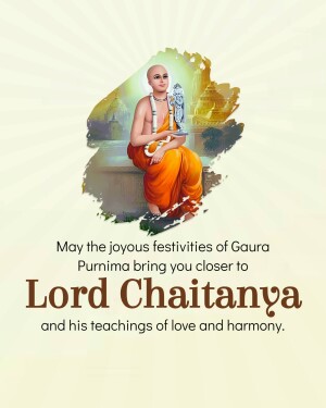 Image of Lord Chaitanya with a festive Gaura Purnima message