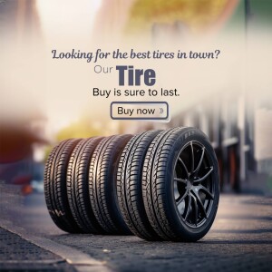 Stack of new tires with a blurred city street background and a 'Buy Now' call to action.