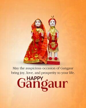 Traditional Indian dolls celebrating Gangaur festival with text wishing joy and prosperity.
