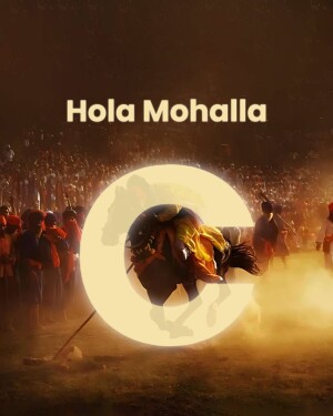 Poster for the Hola Mohalla festival featuring a silhouette of a horse rider within a glowing circle.