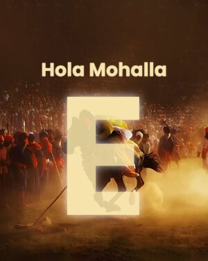 Poster for the Hola Mohalla festival featuring a large letter 'E' superimposed on a crowd scene.