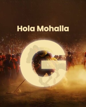 Poster for the Hola Mohalla festival featuring a large 'G' with a Nihang Sikh warrior in the center and a crowd in the background.