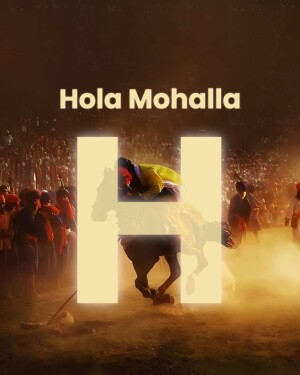 Image depicting the Hola Mohalla festival with a horse and riders, and the text 'Hola Mohalla' in a stylized 'H' shape.