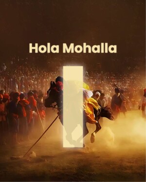A vibrant image depicting Hola Mohalla festival with people on horseback and a bright light beam.
