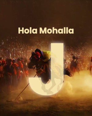 A vibrant image depicting Hola Mohalla festival with a rider on horseback and a large crowd.