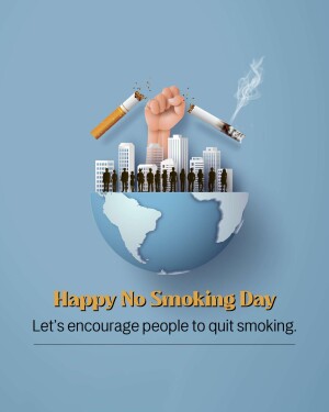 Illustration of a hand crushing cigarettes over a globe with a city skyline, promoting No Smoking Day.