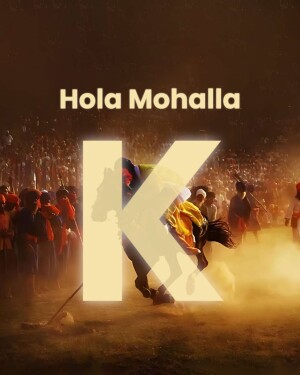 Poster for the Hola Mohalla festival featuring a horse rider and the letter 'K'.