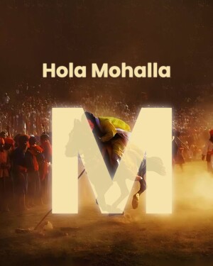 Poster for the Hola Mohalla festival featuring a large 'M' with a horse silhouette.