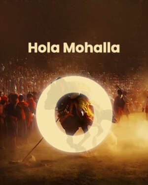 A vibrant image depicting the Hola Mohalla festival with a warrior on horseback in the center.