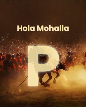 Image depicting the Hola Mohalla festival with a large 'P' logo overlaid.