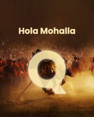 A vibrant scene from the Hola Mohalla festival with Nihang Sikhs showcasing traditional martial arts.