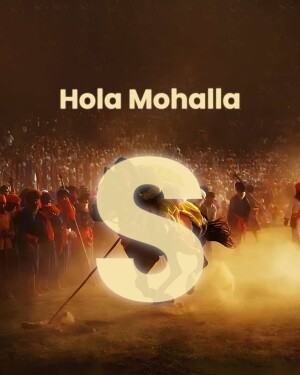 Digital art depicting the letter 'S' with a Hola Mohalla festival background.