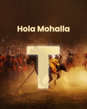 A digital artwork depicting Hola Mohalla festival with a large letter 'T' in the foreground.