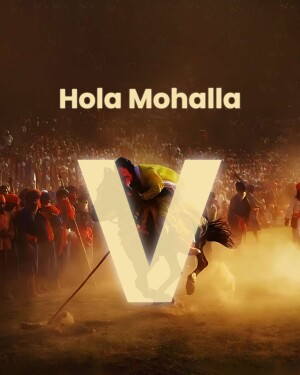 Poster for the Hola Mohalla festival featuring a large 'V' and silhouettes of Nihang Sikhs with horses and weapons.