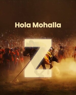 A dynamic scene from the Hola Mohalla festival with Sikh warriors on horseback and a large crowd.