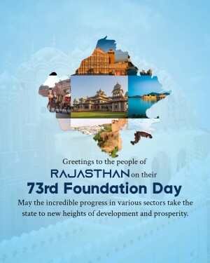 Rajasthan 73rd Foundation Day celebration graphic with iconic landmarks.