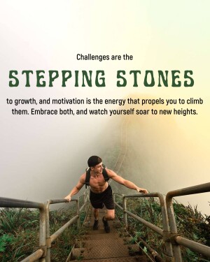 Man climbing stairs towards a misty mountain peak, motivational quote overlayed.