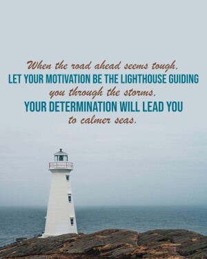 White lighthouse on rocky coast with motivational quote