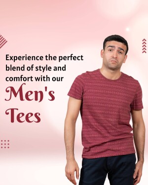 Man wearing a red textured t-shirt with promotional text.