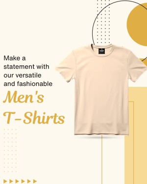 Beige men's t-shirt on a minimalist background with text promoting the product.