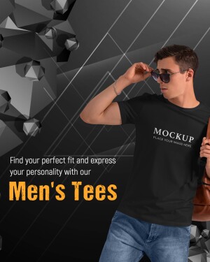 Man wearing a black t-shirt with a mockup design, promoting men's tees.