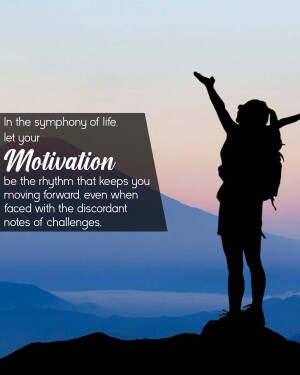 Silhouette of a woman with arms raised on a mountaintop with motivational text.