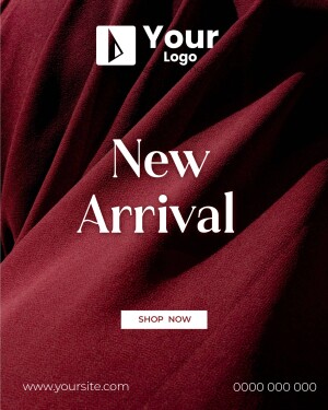 New arrival announcement with a burgundy fabric background and white text.