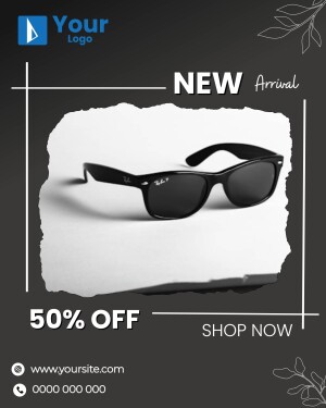 Black sunglasses on a white platform with a new arrival promotion.