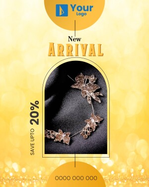 Image of sparkling jewelry with a 'New Arrival' announcement and a 20% discount offer.