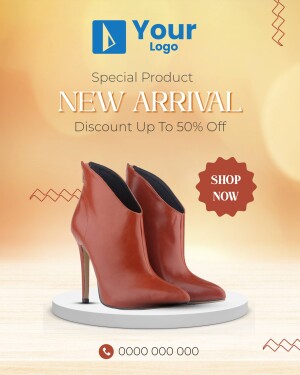 Advertisement for new arrival shoes with a 50% discount.
