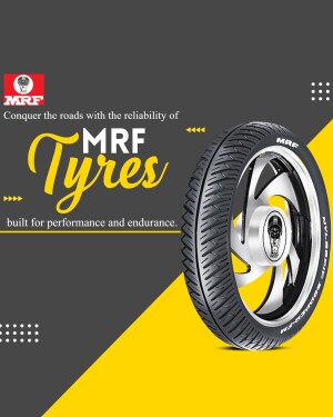 MRF Tyre advertisement featuring a motorcycle tyre with the tagline 'Conquer the roads with the reliability of MRF'