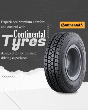 Close-up of a Continental tyre with branding and promotional text.