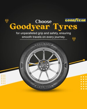 Goodyear tyre on a silver rim with text promoting grip and safety.
