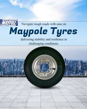 Maypole Tyre advertisement with a tyre in front of a city skyline
