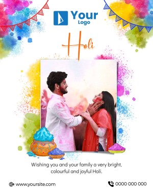 Holi celebration with a couple covered in colors and festive decorations.