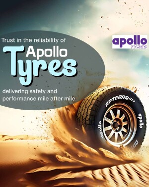 Apollo Tyres advertisement featuring a tyre in a desert landscape