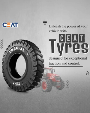 CEAT Trac-XL tyre advertisement featuring a large tractor tyre and a tractor in a field.