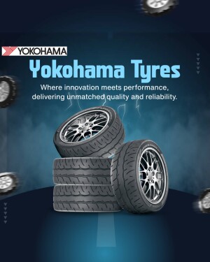 Yokohama Tyres advertisement featuring stacked tyres and lightning bolts.