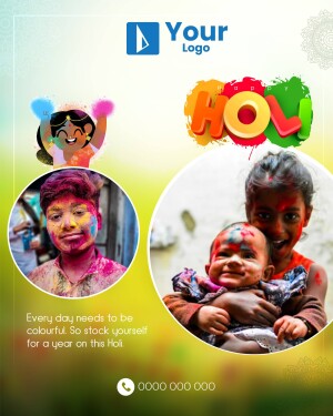 Holi festival celebration with colorful people and joyful moments.