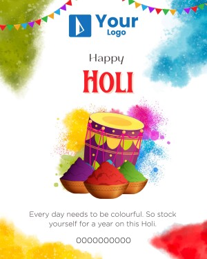 Colorful Happy Holi image with drum and color powders