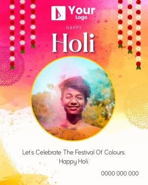 Holi festival greeting with a person covered in colors and floral decorations.