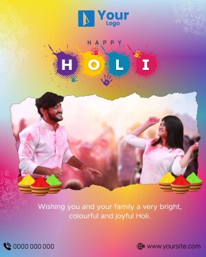 Holi festival greeting with couple covered in colors