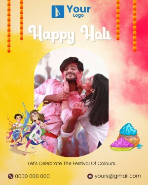 Happy Holi image with a couple covered in colors and festive decorations.