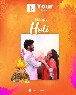 Couple celebrating Holi with colors and Holika bonfire